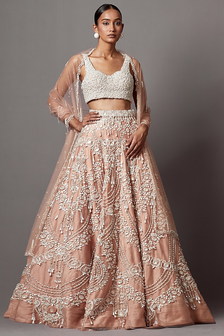 Rose Dust Net Handwork & Pearl Embellished Lehenga Set by Mala and Kinnary