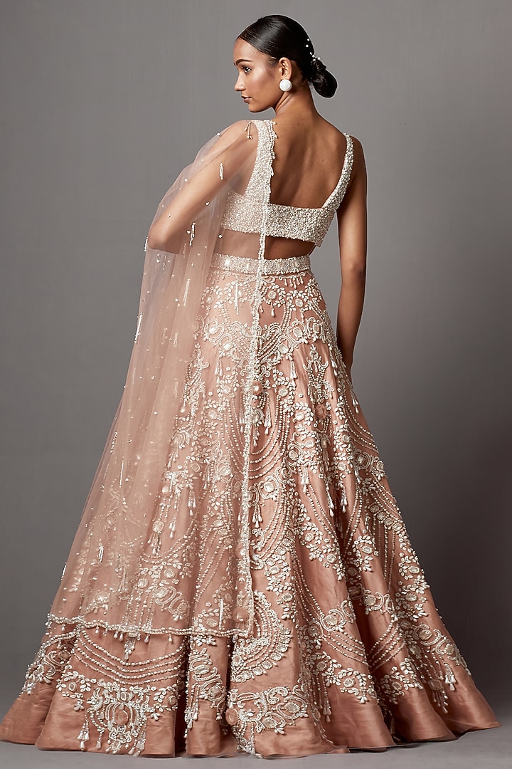 Rose Dust Net Handwork & Pearl Embellished Bridal Lehenga Set by Mala and Kinnary at Pernia's Pop Up Shop