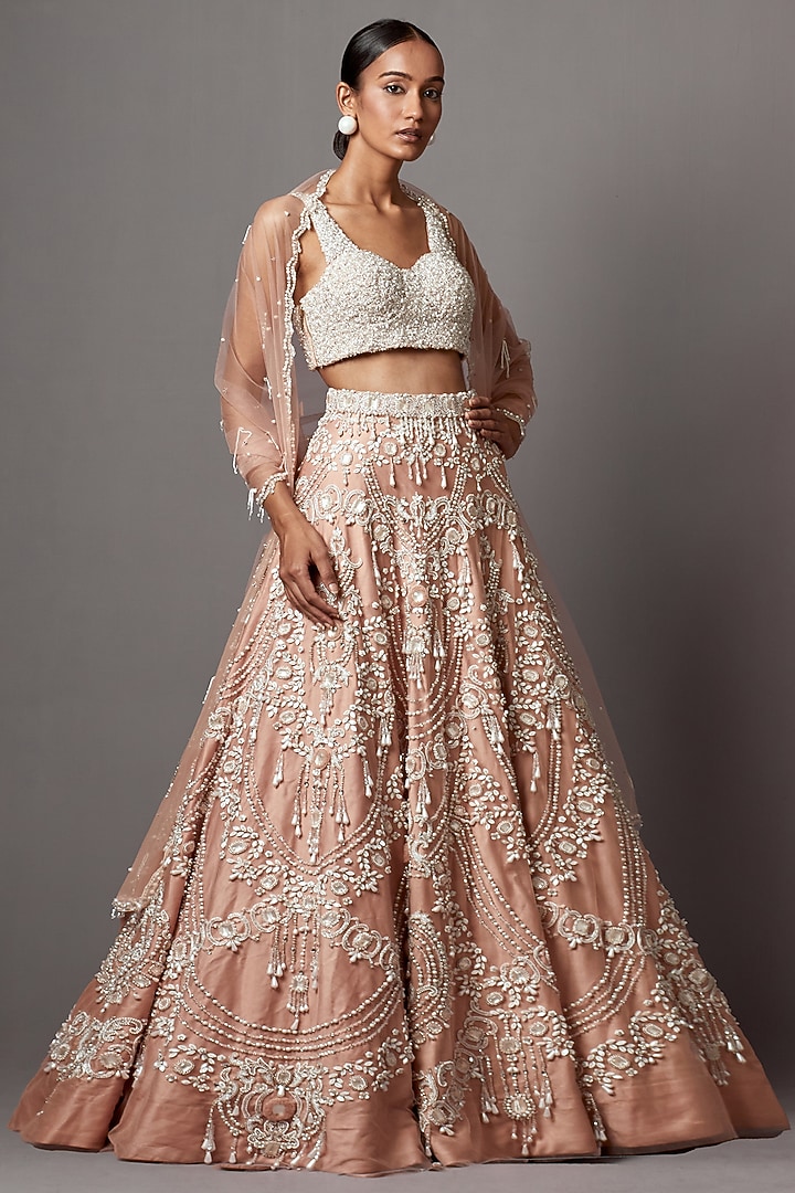 Rose Dust Net Handwork & Pearl Embellished Bridal Lehenga Set by Mala and Kinnary at Pernia's Pop Up Shop
