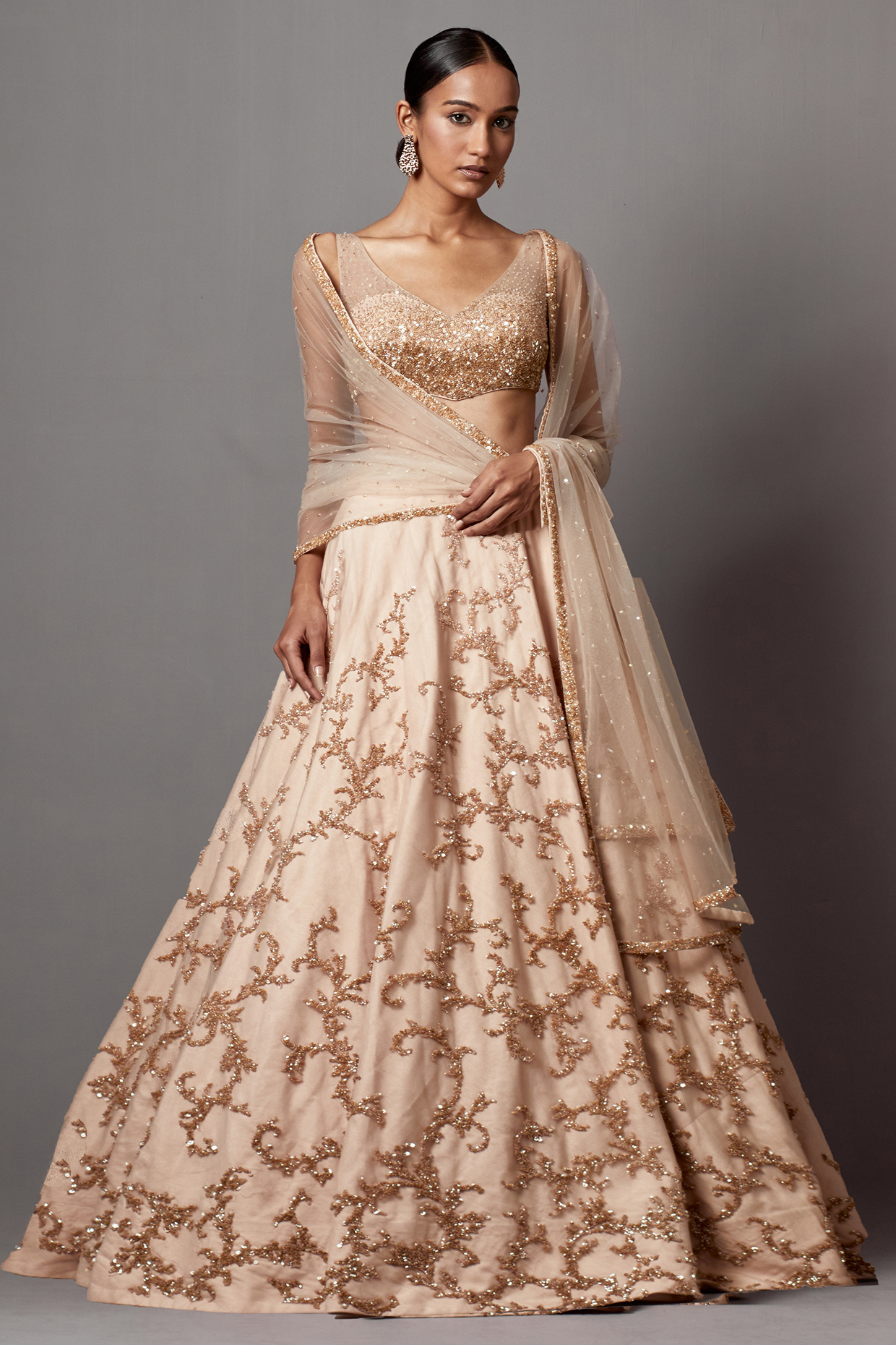 Beige Net Hand Embroidered Bridal Lehenga Set by Mala and Kinnary at Pernia's Pop Up Shop