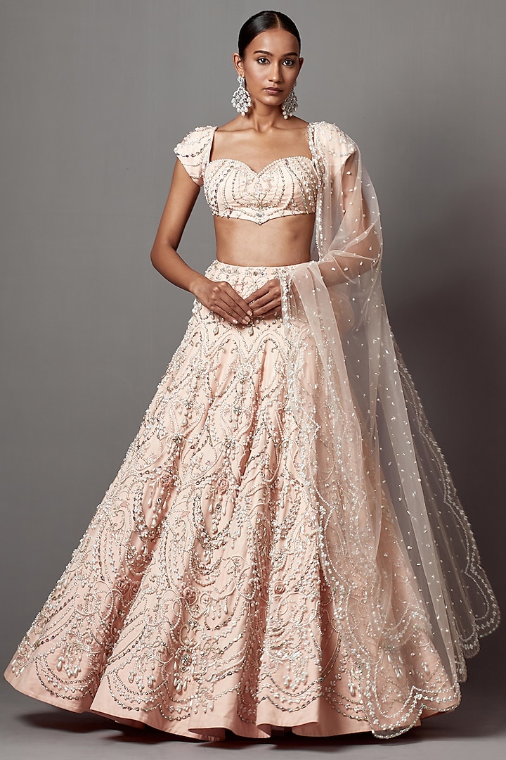 Pastel Pink Net Pearl Handwork Bridal Lehenga Set by Mala and Kinnary at Pernia's Pop Up Shop