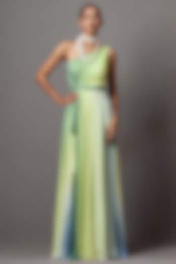 Lime Ombre Georgette Printed Draped Gown by Mala and Kinnary