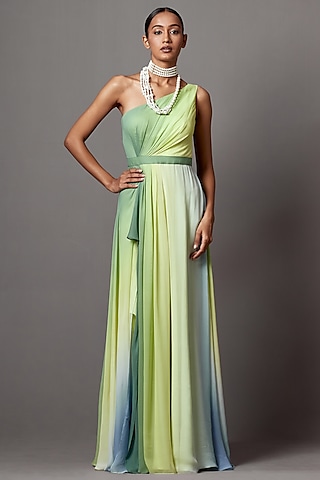 Lime Ombre Georgette Printed Draped Gown by Mala and Kinnary