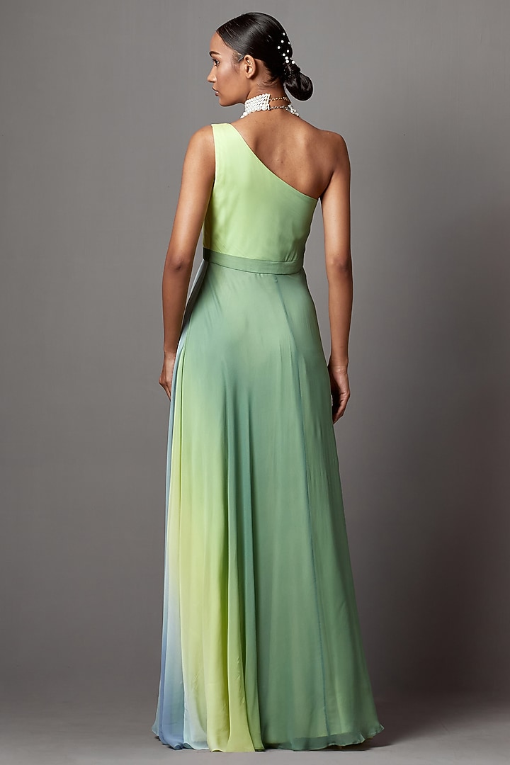 Lime Ombre Georgette Printed Draped Engagement Gown by Mala and Kinnary at Pernia's Pop Up Shop