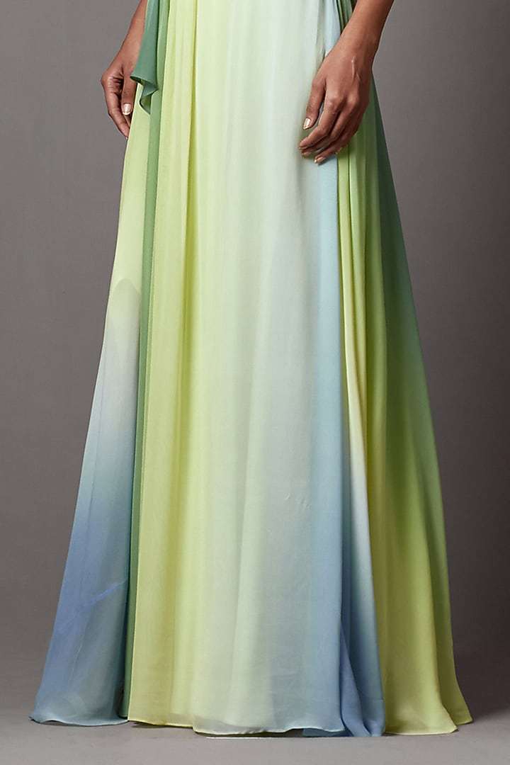 Lime Ombre Georgette Printed Draped Engagement Gown by Mala and Kinnary at Pernia's Pop Up Shop