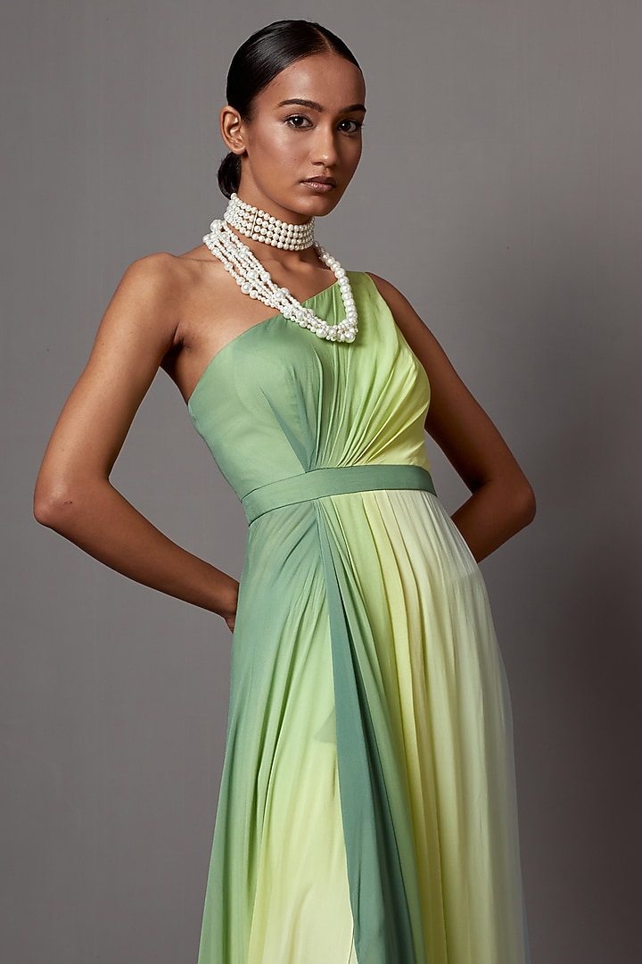 Lime Ombre Georgette Printed Draped Engagement Gown by Mala and Kinnary at Pernia's Pop Up Shop