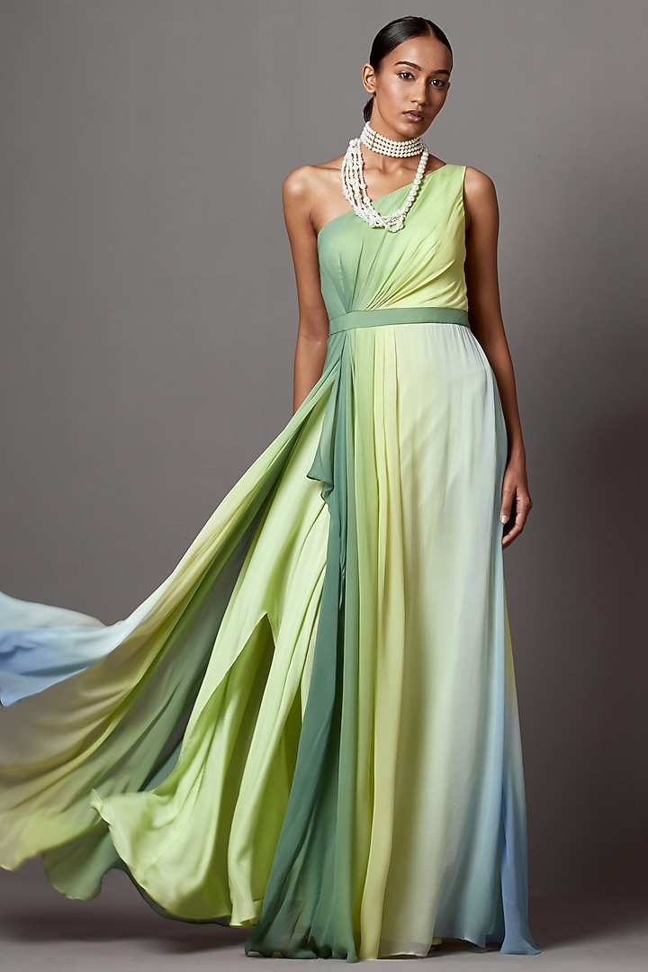 Lime Ombre Georgette Printed Draped Engagement Gown by Mala and Kinnary at Pernia's Pop Up Shop