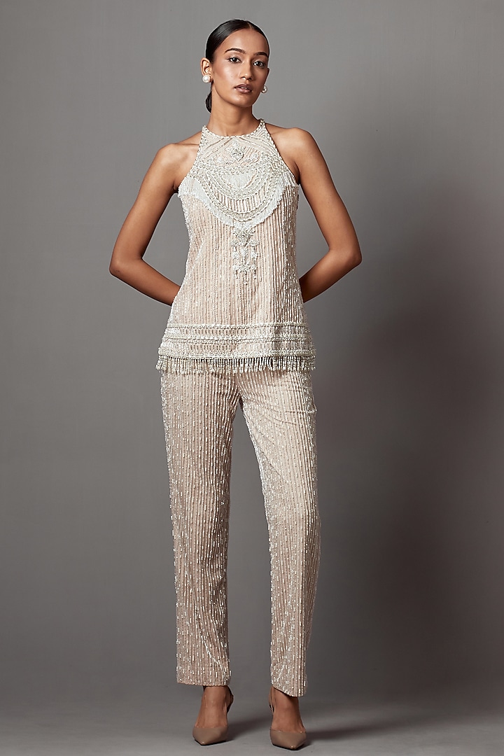 Greige Net Hand Embroidered Co-Ord Set by Mala and Kinnary at Pernia's Pop Up Shop