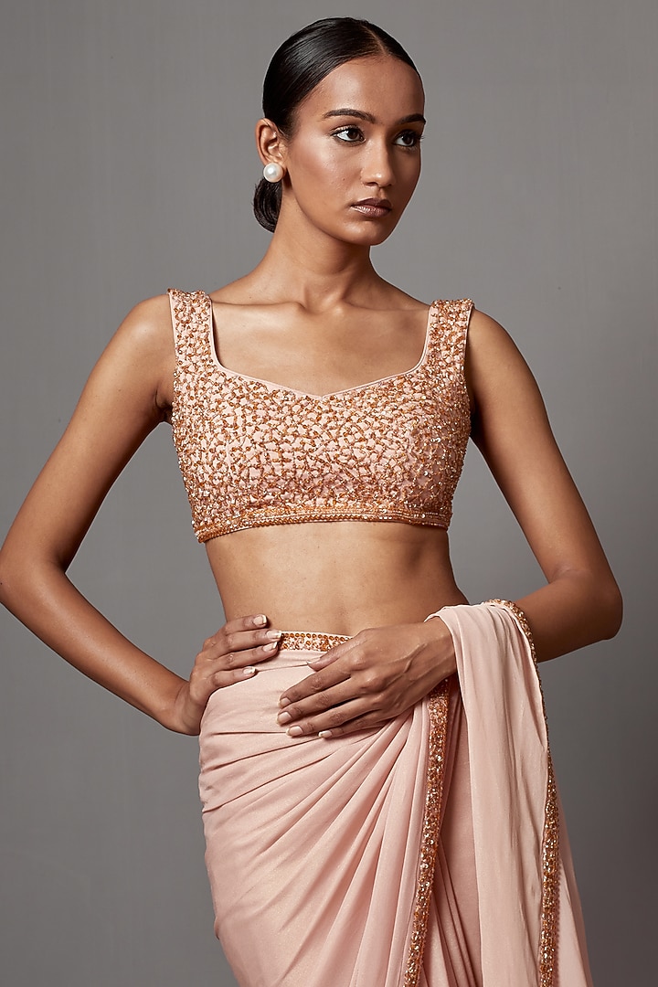 Dust Rose Foil Georgette Hand Embroidered Jacket Reception Saree Set by Mala and Kinnary at Pernia's Pop Up Shop