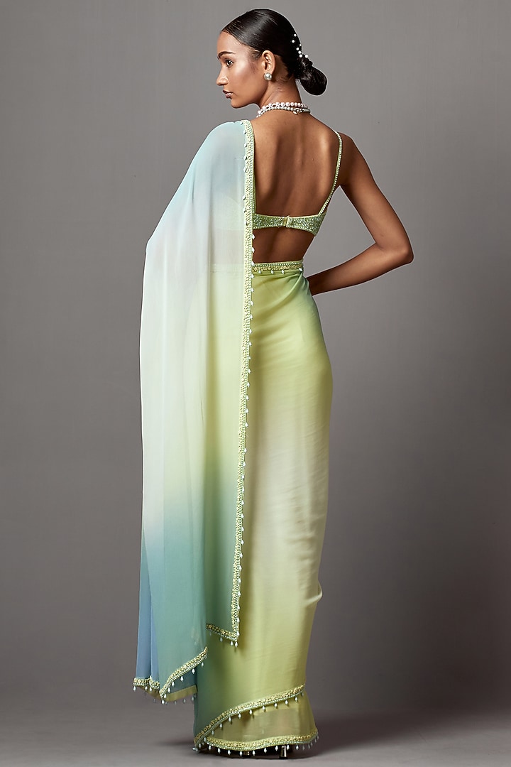 Blue & Green Ombre Georgette Sequins Wedding Saree Set by Mala and Kinnary at Pernia's Pop Up Shop