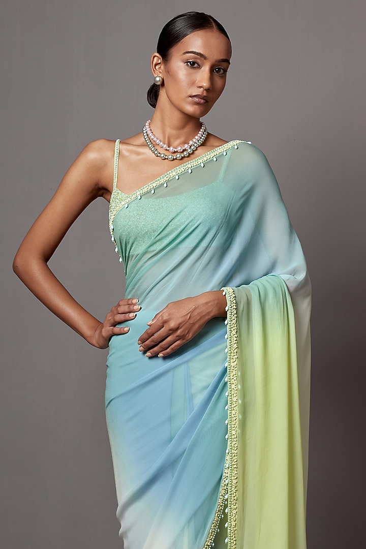 Blue & Green Ombre Georgette Sequins Wedding Saree Set by Mala and Kinnary at Pernia's Pop Up Shop
