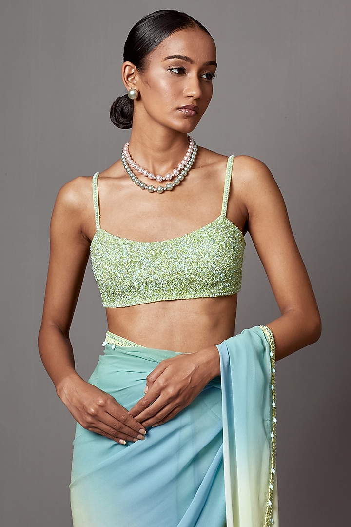 Blue & Green Ombre Georgette Sequins Wedding Saree Set by Mala and Kinnary at Pernia's Pop Up Shop