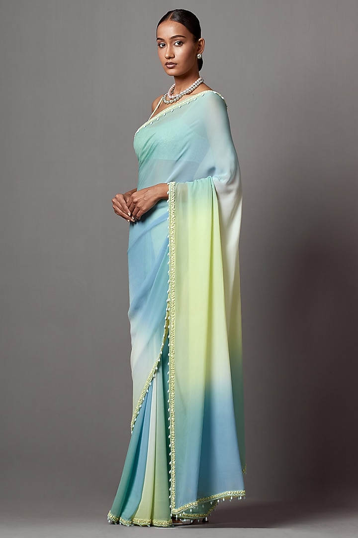Blue & Green Ombre Georgette Sequins Wedding Saree Set by Mala and Kinnary at Pernia's Pop Up Shop