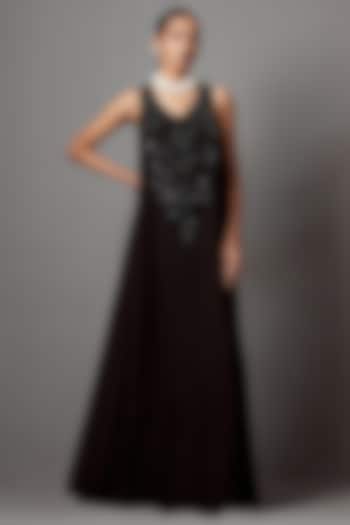 Black Georgette Crystal & Tassel Work Maxi Dress by Mala and Kinnary
