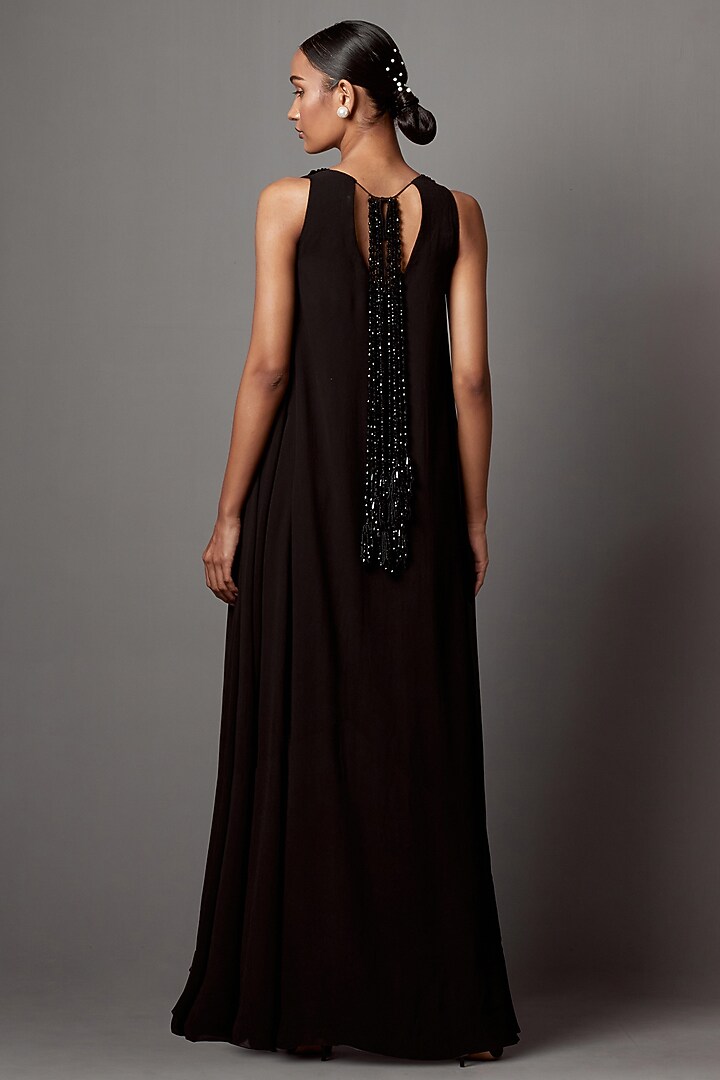 Black Georgette Crystal & Tassel Work Maxi Party Wear Dress by Mala and Kinnary at Pernia's Pop Up Shop