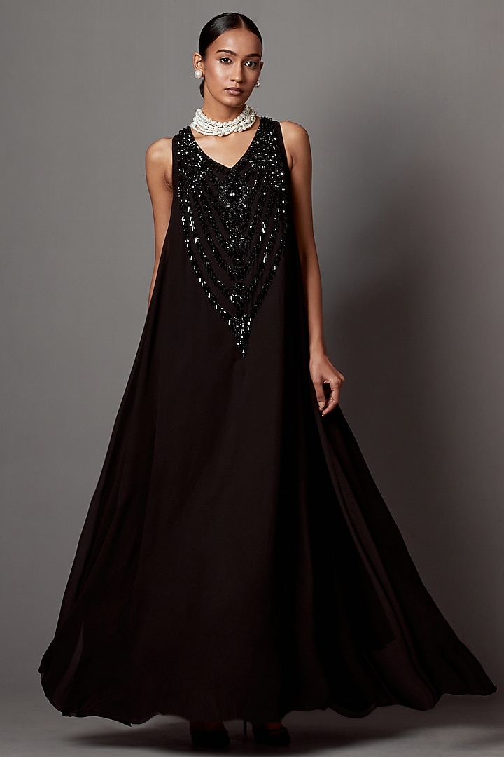 Black Georgette Crystal & Tassel Work Maxi Party Wear Dress by Mala and Kinnary at Pernia's Pop Up Shop