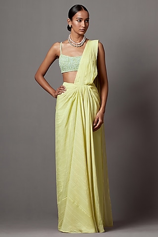 Lime Lurex Georgette Draped Saree Set by Mala and Kinnary