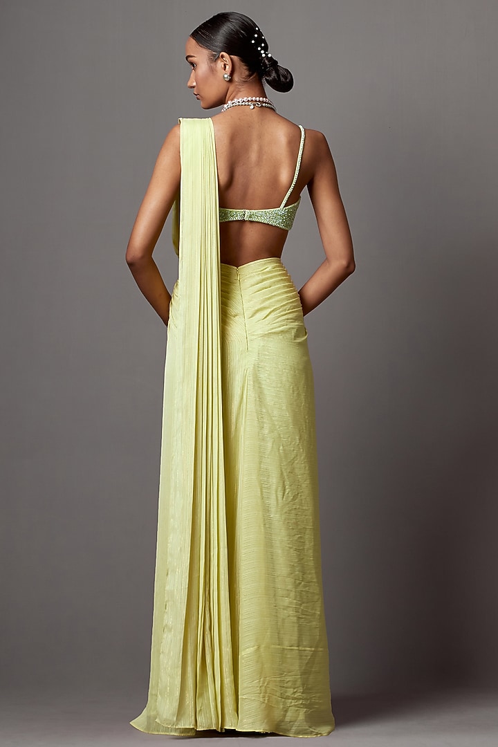 Lime Lurex Georgette Draped Wedding Saree Set by Mala and Kinnary at Pernia's Pop Up Shop