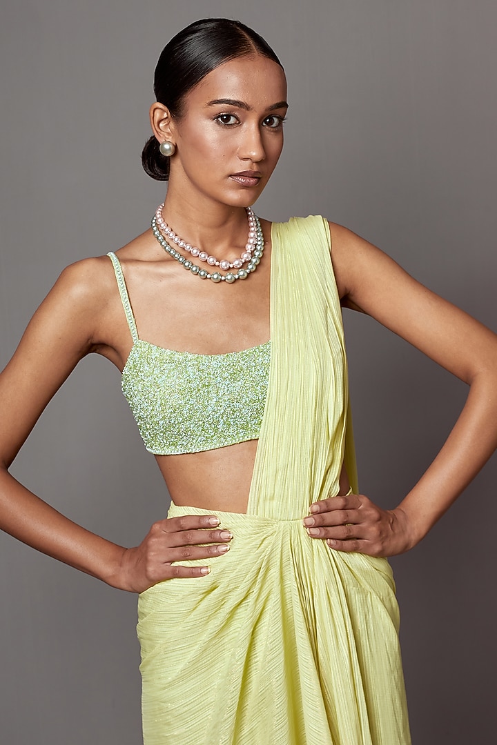 Lime Lurex Georgette Draped Wedding Saree Set by Mala and Kinnary at Pernia's Pop Up Shop