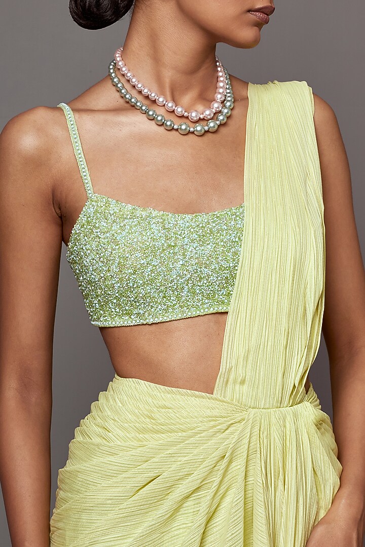 Lime Lurex Georgette Draped Wedding Saree Set by Mala and Kinnary at Pernia's Pop Up Shop