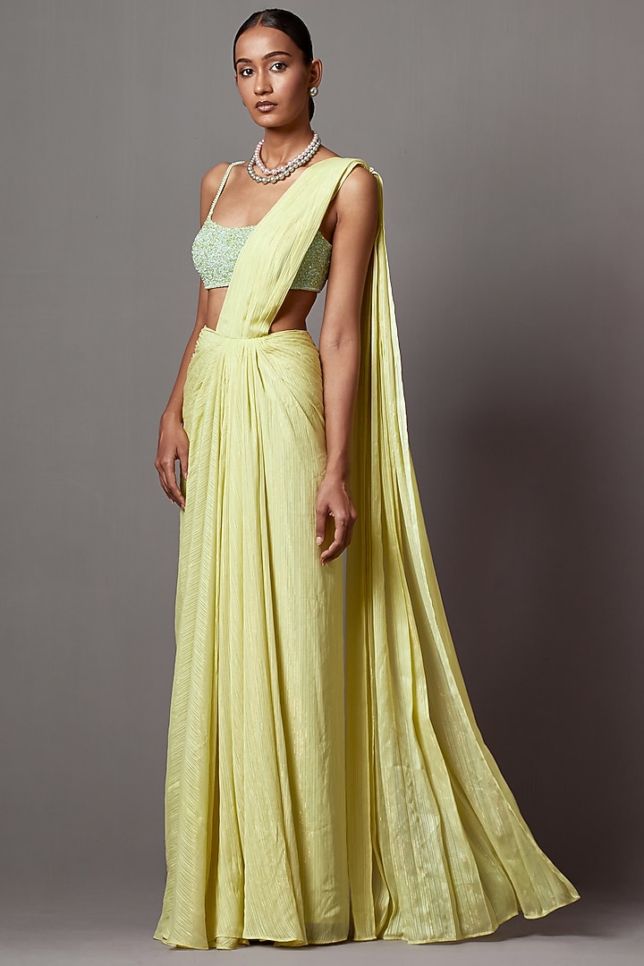 Lime Lurex Georgette Draped Wedding Saree Set by Mala and Kinnary at Pernia's Pop Up Shop