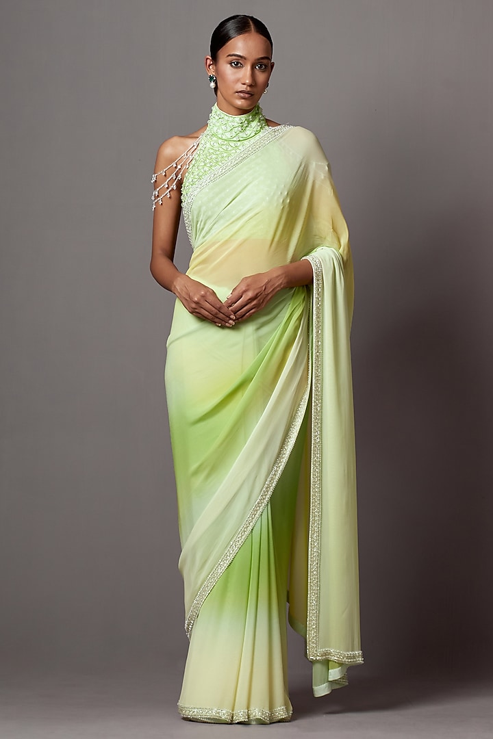 Lime & Yellow Georgette Crystal Work Ombre Saree Set by Mala and Kinnary