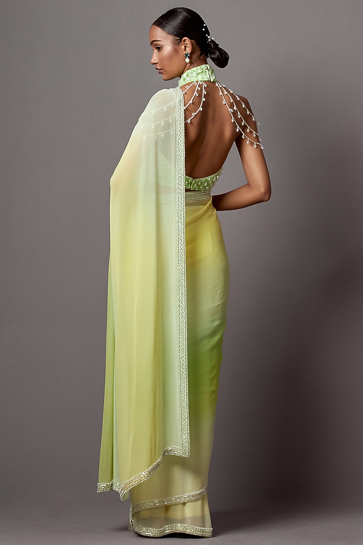 Lime & Yellow Georgette Crystal Work Ombre Reception Saree Set by Mala and Kinnary at Pernia's Pop Up Shop