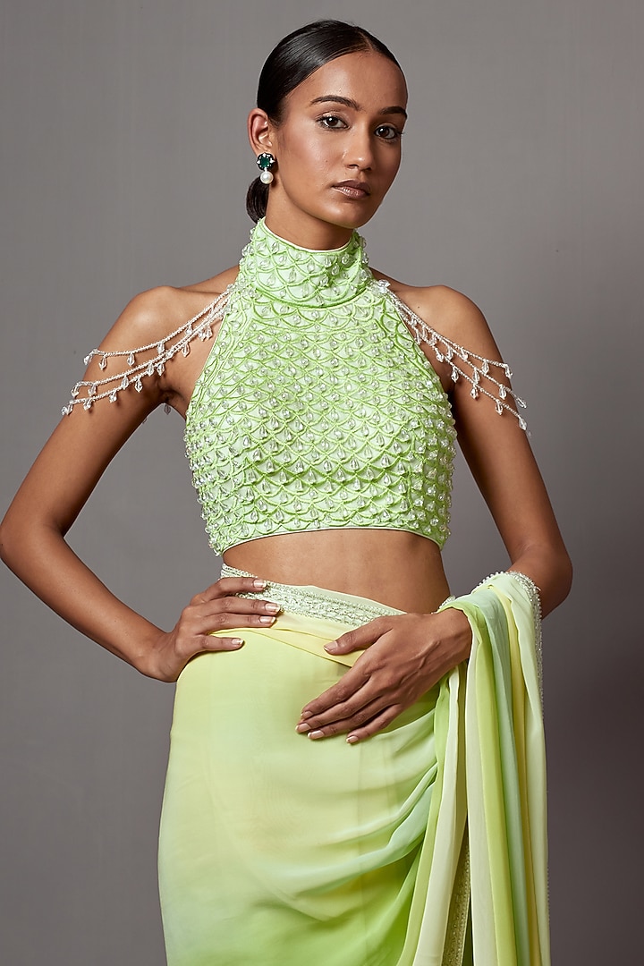 Lime & Yellow Georgette Crystal Work Ombre Reception Saree Set by Mala and Kinnary at Pernia's Pop Up Shop
