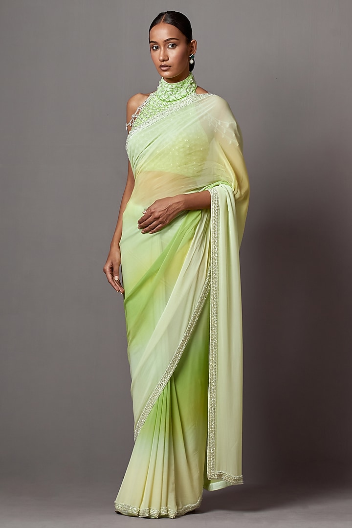 Lime & Yellow Georgette Crystal Work Ombre Reception Saree Set by Mala and Kinnary at Pernia's Pop Up Shop