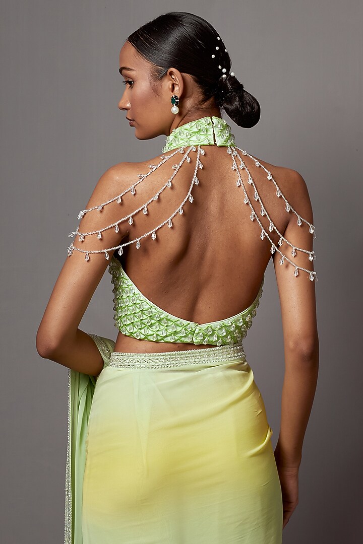 Lime & Yellow Georgette Crystal Work Ombre Reception Saree Set by Mala and Kinnary at Pernia's Pop Up Shop
