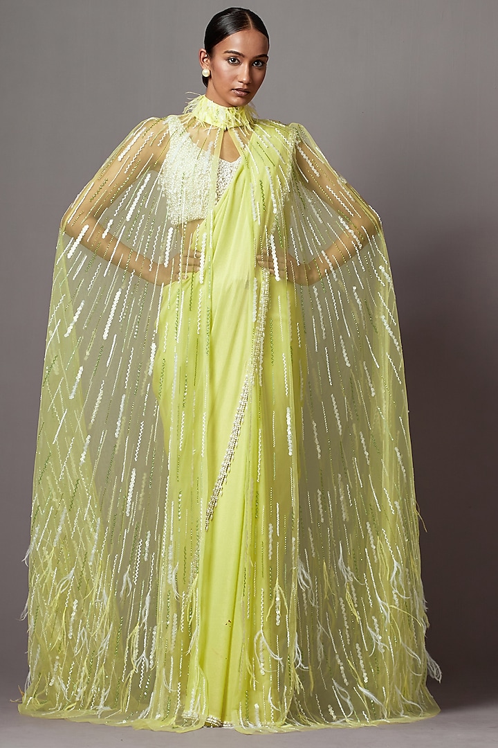 Lime Georgette & Net Embellished Jacket Saree Set by Mala and Kinnary