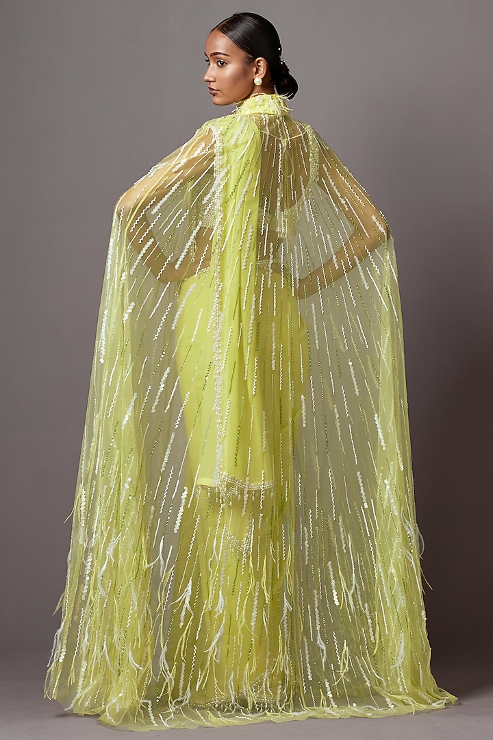 Lime Georgette & Net Embellished Jacket Bridal Saree Set by Mala and Kinnary at Pernia's Pop Up Shop