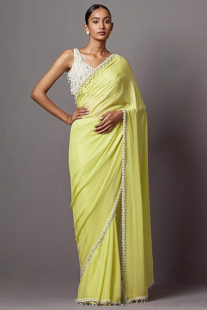 Lime Georgette & Net Embellished Jacket Bridal Saree Set by Mala and Kinnary at Pernia's Pop Up Shop