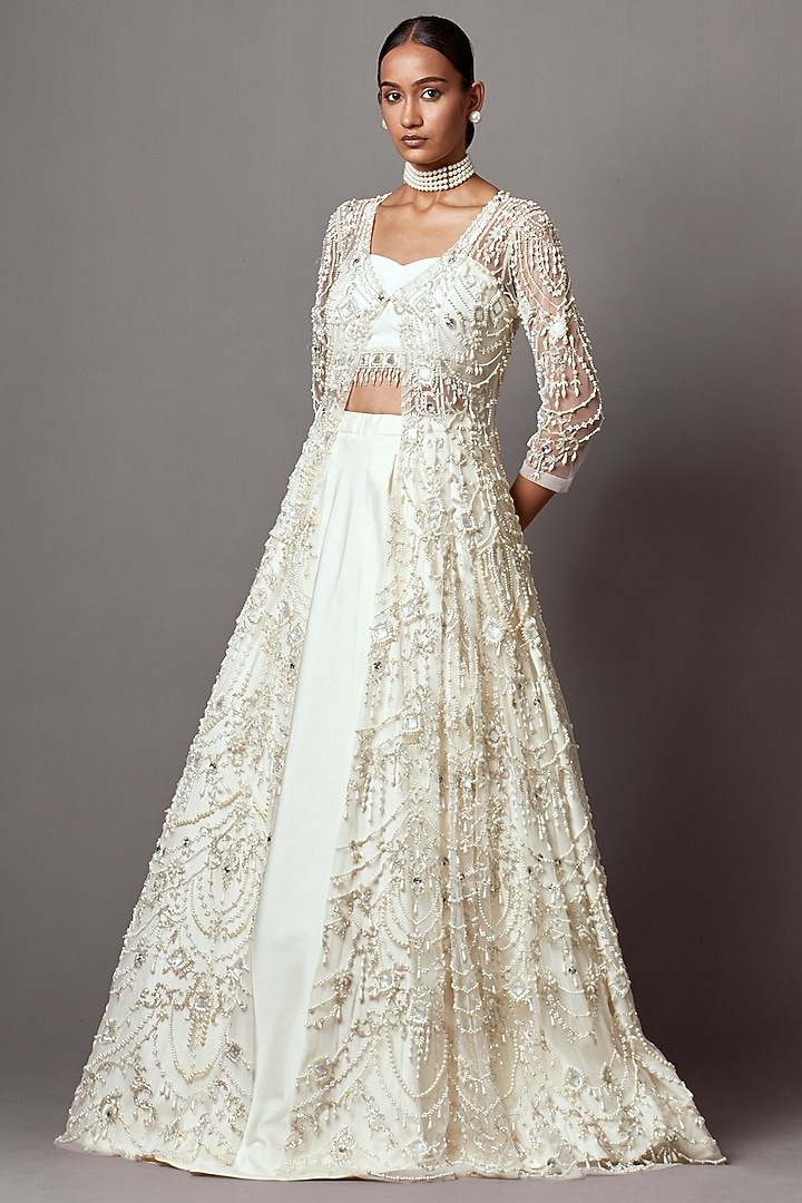 Ivory Taffeta & Net Hand Embroidered Jacket Bridal Lehenga Set by Mala and Kinnary at Pernia's Pop Up Shop