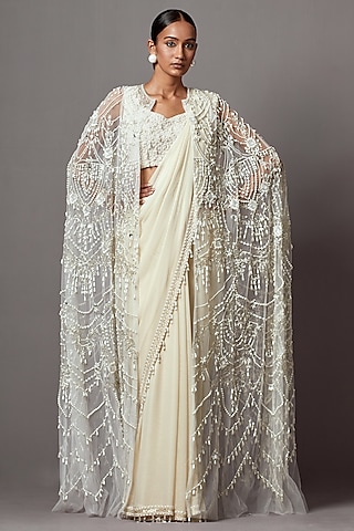 Elegant White Georgette Chikankari Saree with Pearl & Sequin – NawabiLehaja