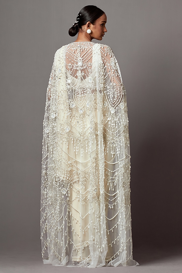 Ivory Foil Georgette & Net Pearl Handwork Jacket Bridal Saree Set by Mala and Kinnary at Pernia's Pop Up Shop