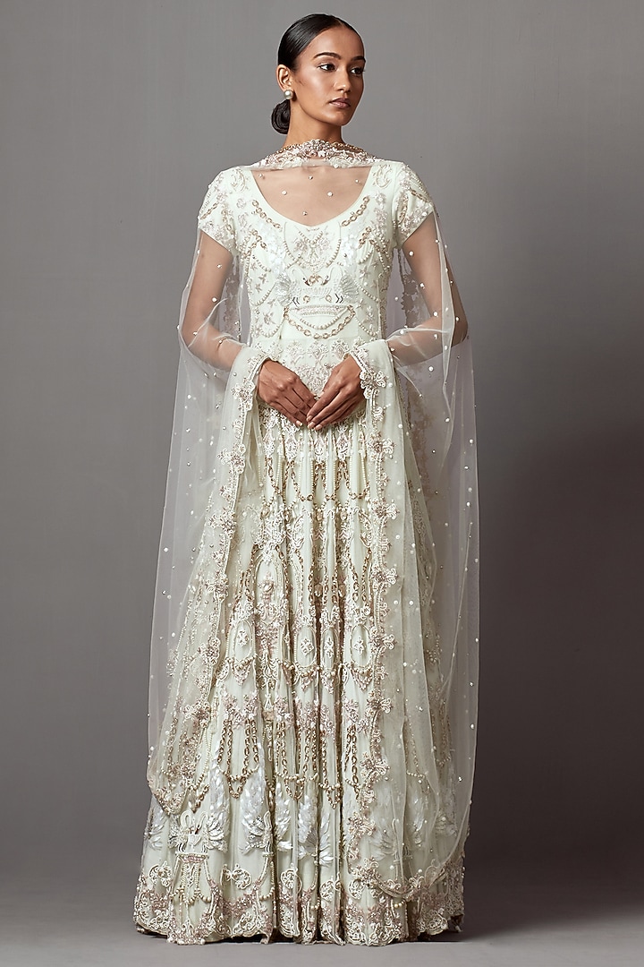 Light Mint Net Hand Embroidered Bridal Anarkali Set by Mala and Kinnary at Pernia's Pop Up Shop