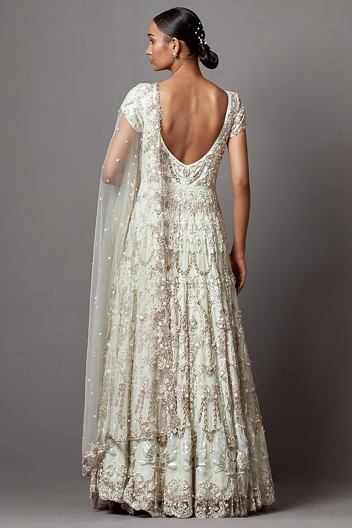 Light Mint Net Hand Embroidered Bridal Anarkali Set by Mala and Kinnary at Pernia's Pop Up Shop