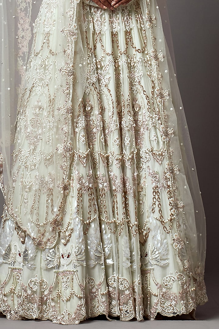 Light Mint Net Hand Embroidered Bridal Anarkali Set by Mala and Kinnary at Pernia's Pop Up Shop