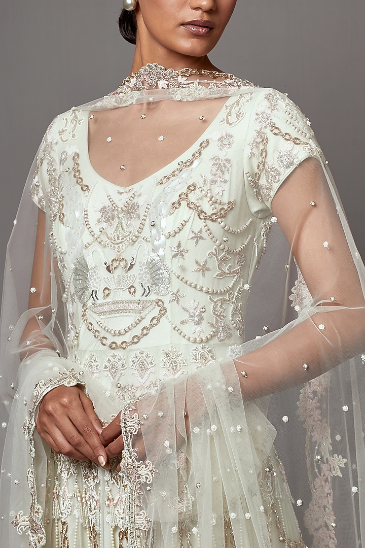 Light Mint Net Hand Embroidered Bridal Anarkali Set by Mala and Kinnary at Pernia's Pop Up Shop