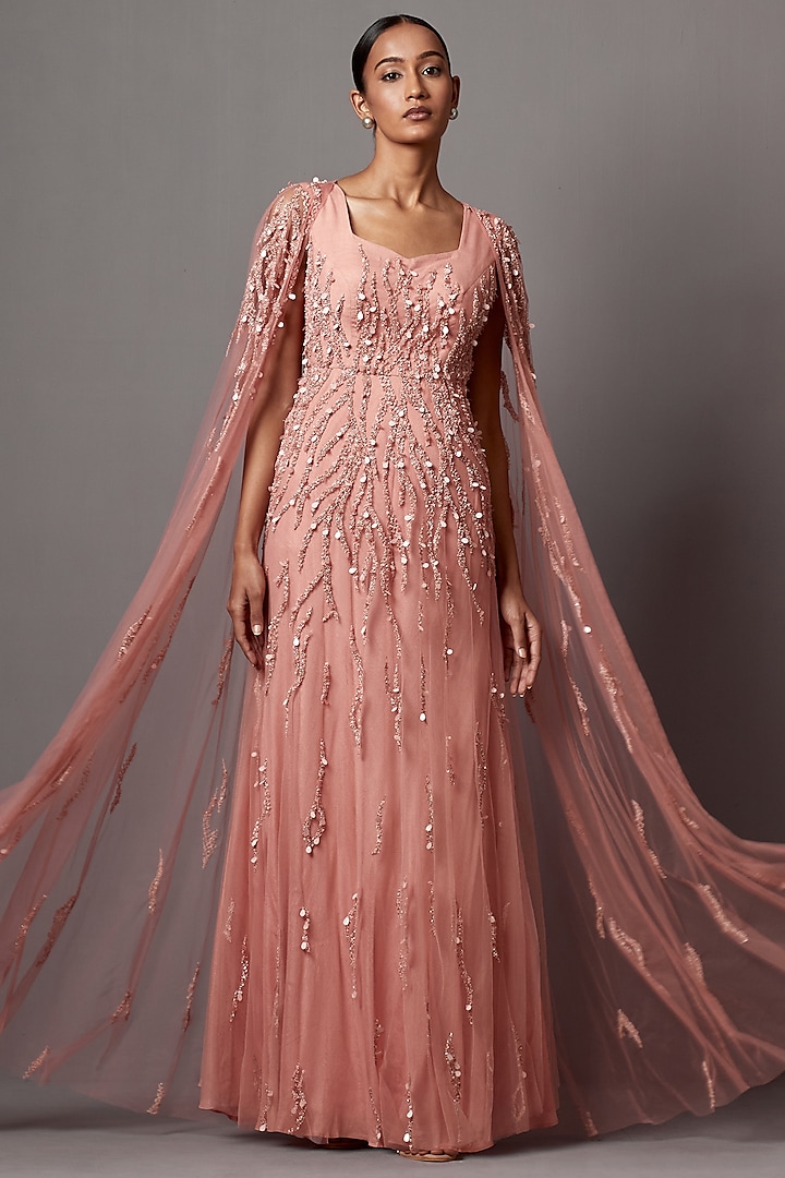 Dust Rose Net Hand Embroidered Gown With Cape by Mala and Kinnary