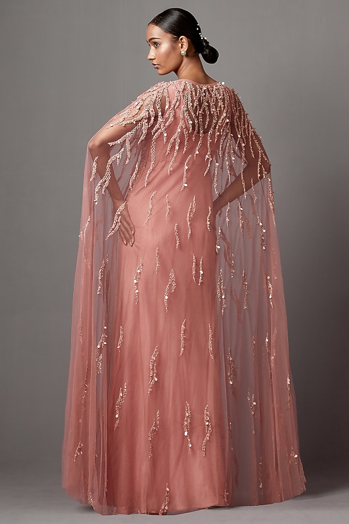 Dust Rose Net Hand Embroidered Bridal Gown With Cape by Mala and Kinnary at Pernia's Pop Up Shop