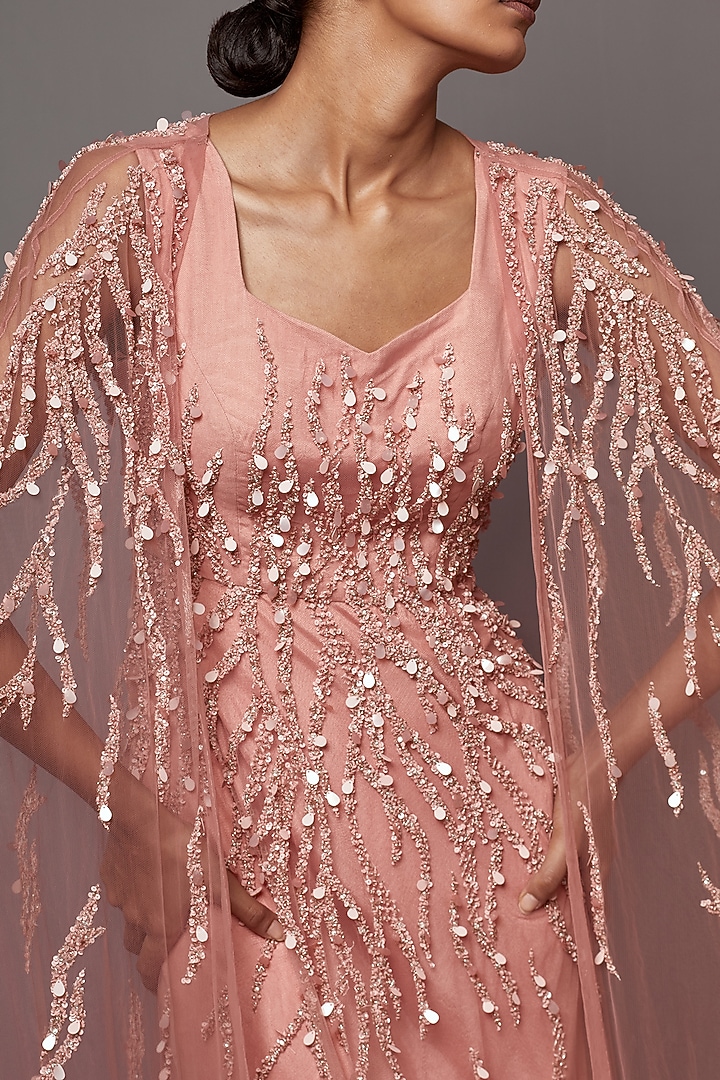 Dust Rose Net Hand Embroidered Bridal Gown With Cape by Mala and Kinnary at Pernia's Pop Up Shop