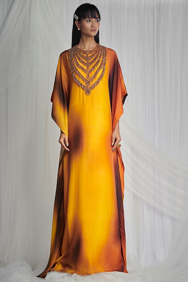 Yellow Habutai Silk Dyed & Embroidered Kaftan by Mala and Kinnary at Pernia's Pop Up Shop