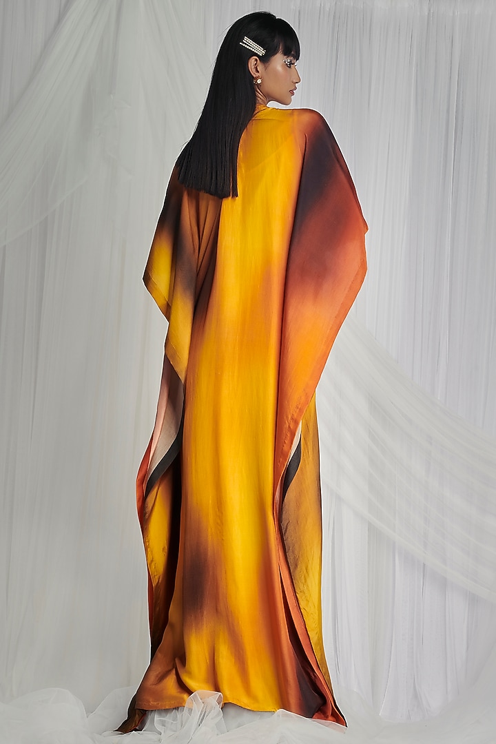 Yellow Habutai Silk Dyed & Embroidered Kaftan by Mala and Kinnary at Pernia's Pop Up Shop