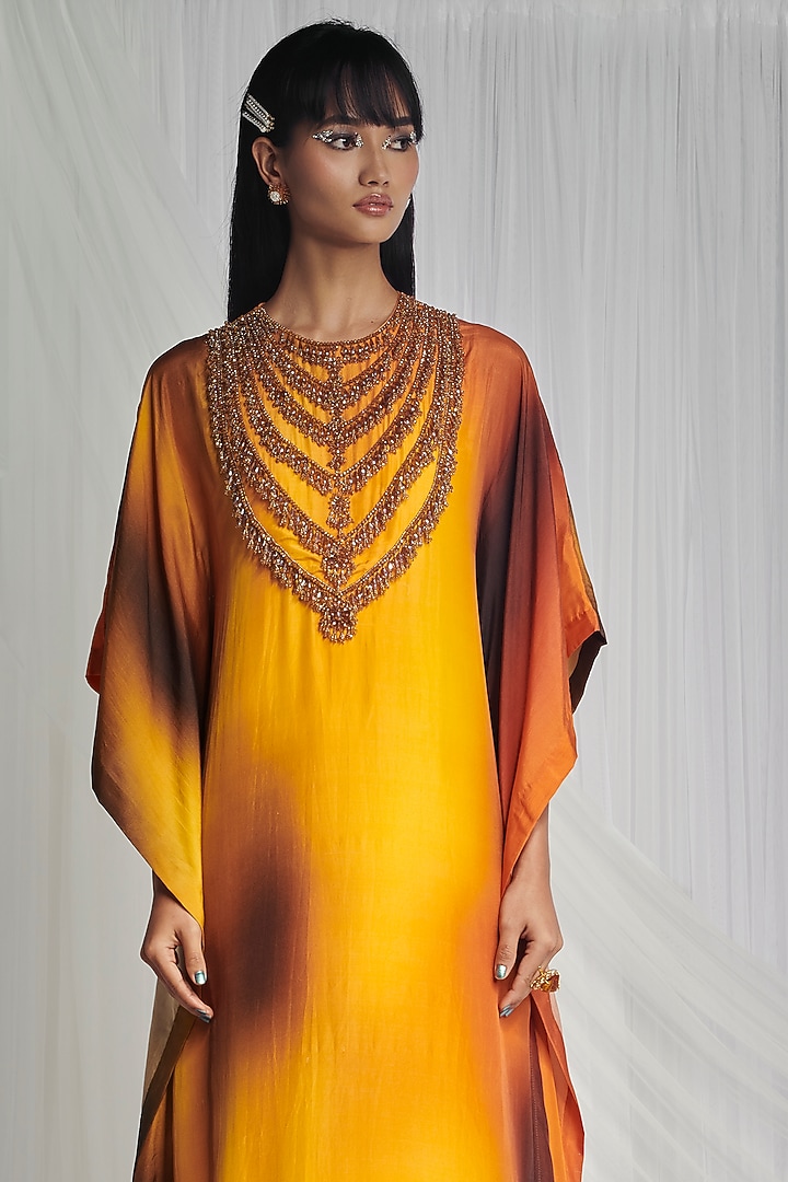 Yellow Habutai Silk Dyed & Embroidered Kaftan by Mala and Kinnary at Pernia's Pop Up Shop