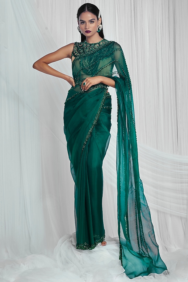 Emerald Green Organza Embroidered Reception Saree Set by Mala and Kinnary at Pernia's Pop Up Shop