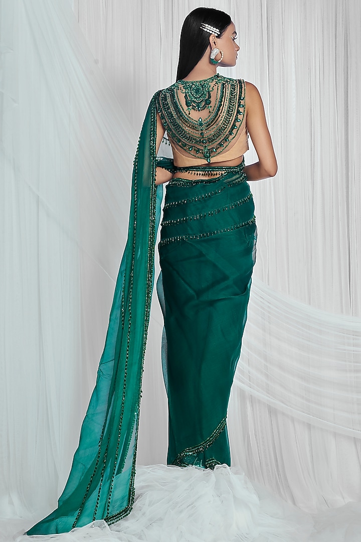 Emerald Green Organza Embroidered Reception Saree Set by Mala and Kinnary at Pernia's Pop Up Shop