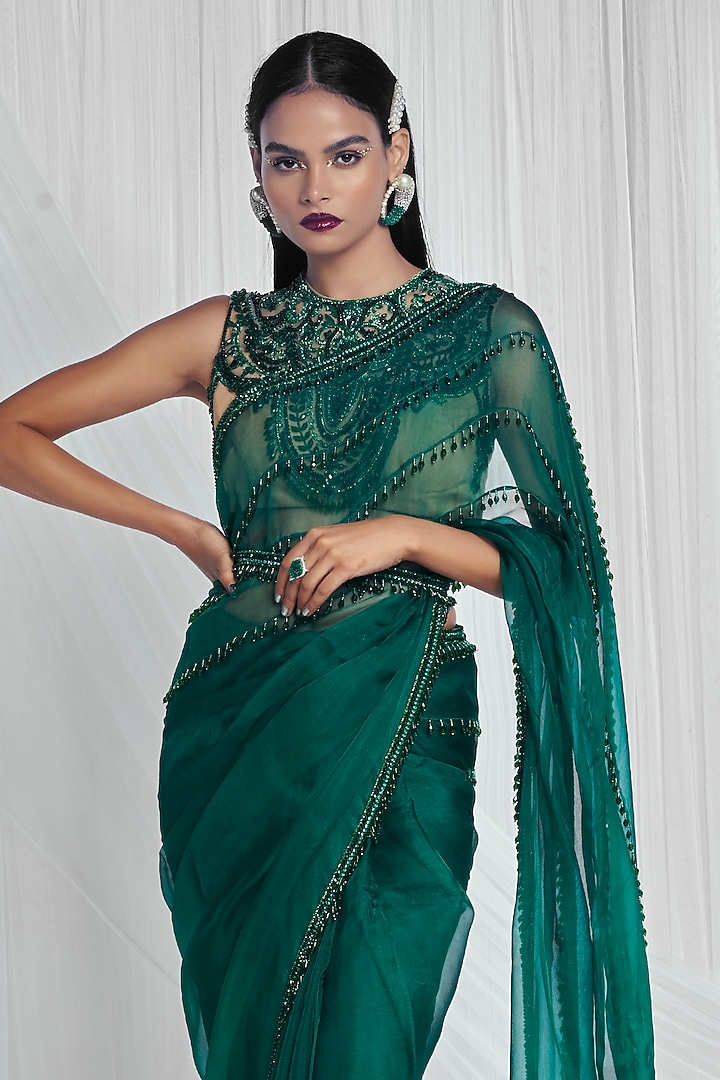 Emerald Green Organza Embroidered Reception Saree Set by Mala and Kinnary at Pernia's Pop Up Shop