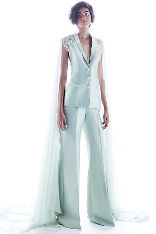 Mint Embroidered Pant Set by Mala and Kinnary